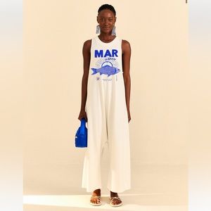 Farm Rio White Mar Da Bahia Organic Cotton Jumpsuit xs